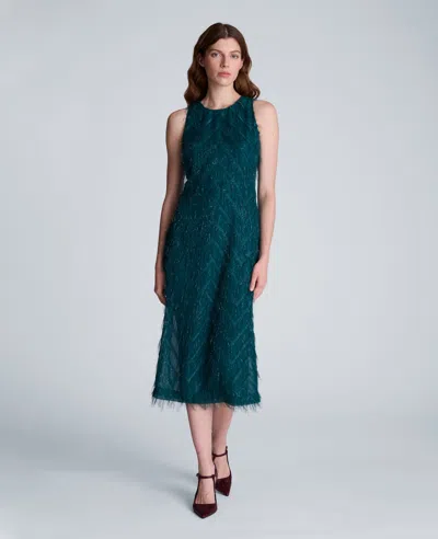 Kenneth Cole Fringed Organza Midi Sheath Dress In Green