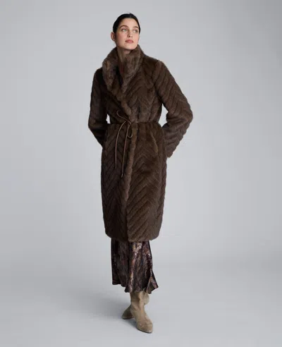 Kenneth Cole Grooved Faux Fur Coat With Tie Belt In Brown