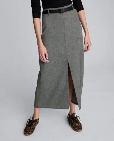 Kenneth Cole Herringbone Slit Front Belted Midi Skirt In Gray
