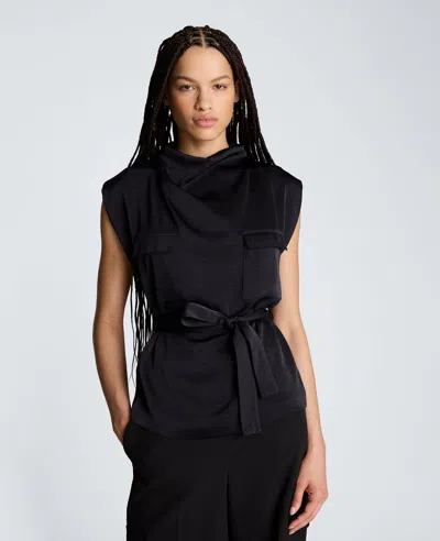 Kenneth Cole High Cowl Neck Belted Blouse With Chest Pockets In Black