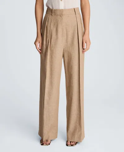 Kenneth Cole High Rise Fly Front Double Pleat Wide Leg Linen Blend Pant In Brown