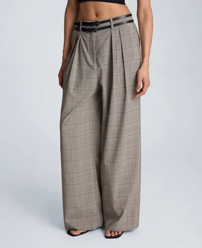 Kenneth Cole High Rise Fly Front Wide Leg Double Belted Pleat Pant In Gray