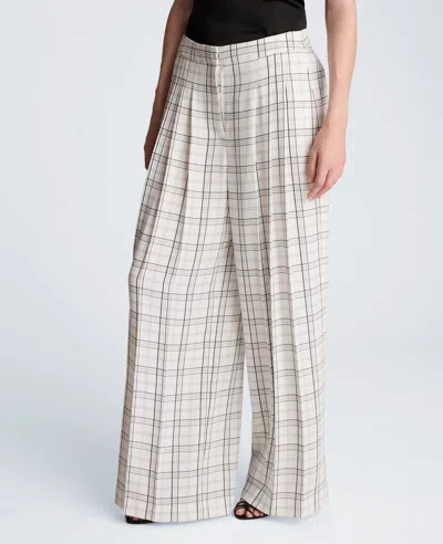 Kenneth Cole High Rise Fly Front Wide Leg Triple Pleat Lined Plaid Pant In Brown
