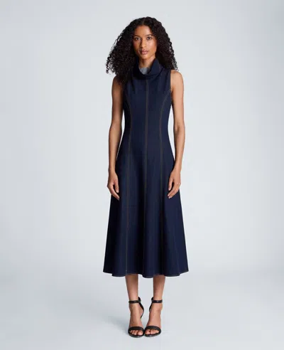 Kenneth Cole High Stand Collar Denim Midi Dress In Blue