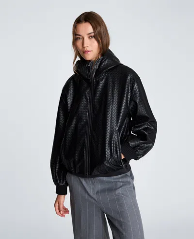 Kenneth Cole Hooded Basketweave Vegan Leather Blouson Jacket In Black