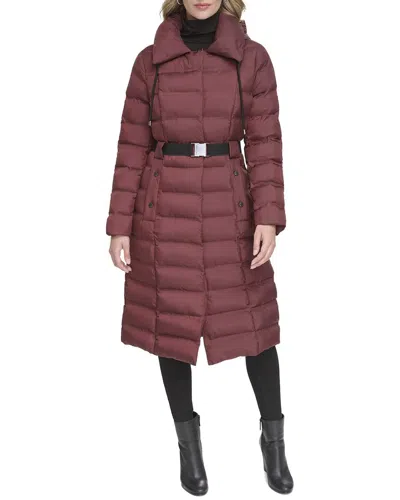Kenneth Cole Hooded Cire Puffer Coat In Burgundy