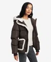 Kenneth Cole Hooded Puffer Jacket With Sherpa-trim In Dark Roast