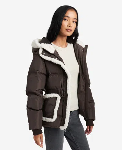 Kenneth Cole Hooded Puffer Jacket With Sherpa-trim In Dark Roast