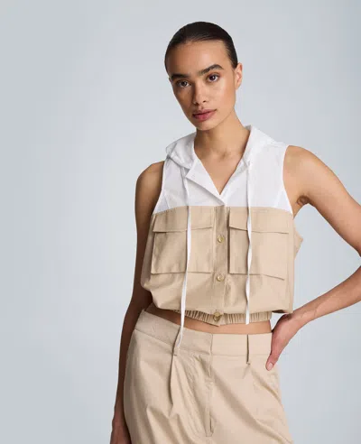 Kenneth Cole Hooded Sleeveless Button Front Top With Bubble Body In Neutral