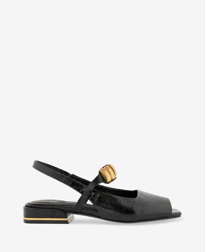 Kenneth Cole Illia Patent Open Toe Hardware Flat Slingback In Black