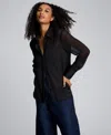 Kenneth Cole Long Sleeve Button Front Sheer Detail Woven Shirt In Black