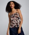 Kenneth Cole Animal Print Satin Foldover Spaghetti Strap Cami In Multi