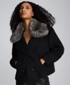 Kenneth Cole Brushed Wool Removeable Faux Fur Collar Cropped Peacoat In Black