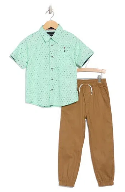 Kenneth Cole Kids' Dot Short Sleeve Button-up Shirt & Joggers Set In Mint