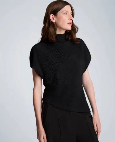 Kenneth Cole Knit Plisse Mock Neck Asymmetrical Pullover With Extended Shoulder In Black