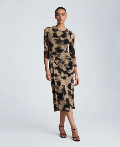 Kenneth Cole Knot Front Long Sleeve Mesh Midi Dress In Multi