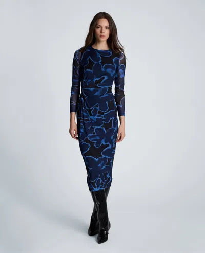 Kenneth Cole Knot Front Long Sleeve Mesh Midi Dress In Multi