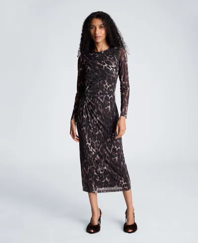 Kenneth Cole Knot Front Long Sleeve Mesh Midi Dress In Multi