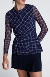 Kenneth Cole Knot Waist Check Top In Blue
