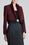Kenneth Cole Luxe Twill Fitted Cropped Blazer With Lace Trim In Burgundy
