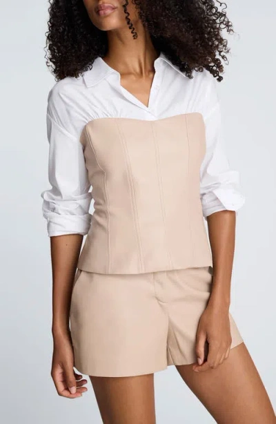 Kenneth Cole Poplin Y-neck Top With Vegan Leather Bustier In Multi