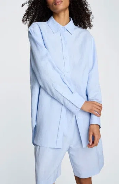Kenneth Cole Long Linen Blend Button-up Shirt In Blue