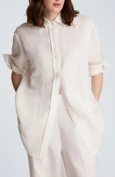Kenneth Cole Long Linen Blend Button-up Shirt In Pure White