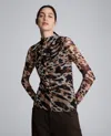 Kenneth Cole Long Sleeve Animal Printed Center Front Turtleneck Knit Ruched Top In Brown