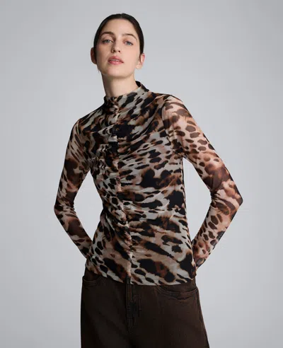 Kenneth Cole Long Sleeve Animal Printed Center Front Turtleneck Knit Ruched Top In Brown
