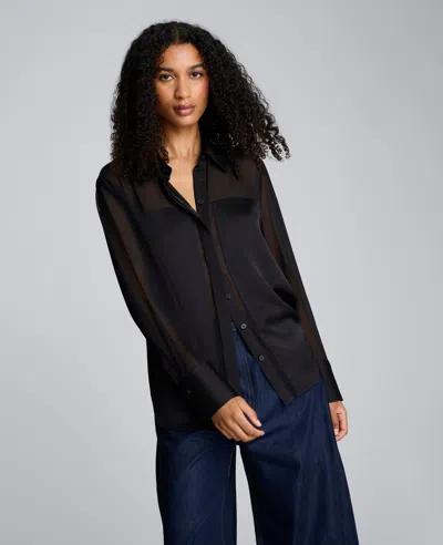 Kenneth Cole Long Sleeve Button Front Sheer Detail Woven Shirt In Black