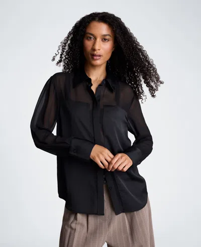 Kenneth Cole Long Sleeve Button Front Shirt With Sheer Sleeves In Black