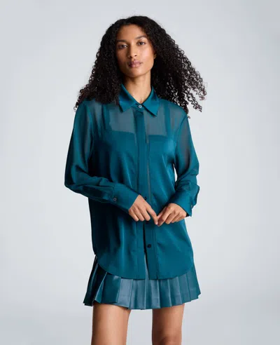 Kenneth Cole Long Sleeve Button Front Shirt With Sheer Sleeves In Blue