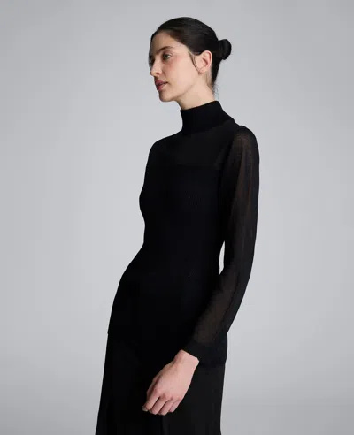 Kenneth Cole Long Sleeve Mockneck Sweater With Sheer Placket In Black