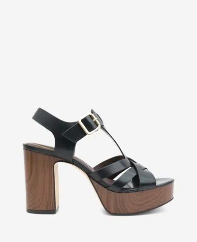 Kenneth Cole Lotus Woven Leather T-strap Wood Platform Sandal In Black