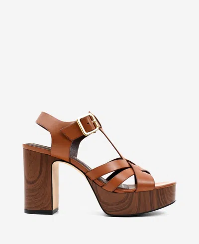 Kenneth Cole Lotus Woven Leather T-strap Wood Platform Sandal In Brown