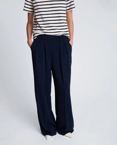 Kenneth Cole Luxe Twill Fly Front High Rise Boyfriend Wide Leg Pant In Blue