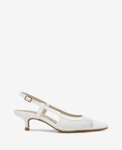 Kenneth Cole Martha Mesh Cap Toe Kitten Heel Slingback In White Mesh