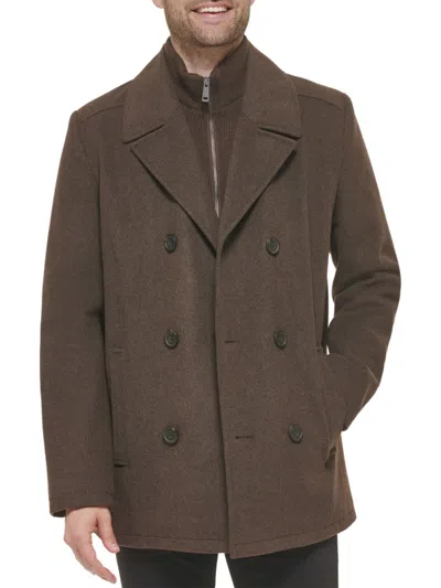 Kenneth Cole Men's Double Breasted Bib Peacoat In Medium Brown