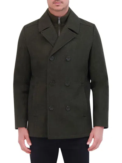 Kenneth Cole Men's Double Breasted Bib Peacoat In Olive