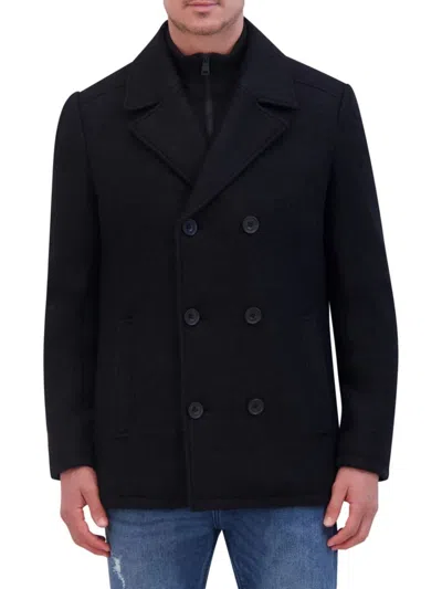 Kenneth Cole Men's Double Breasted Wool Blend Peacoat In Black
