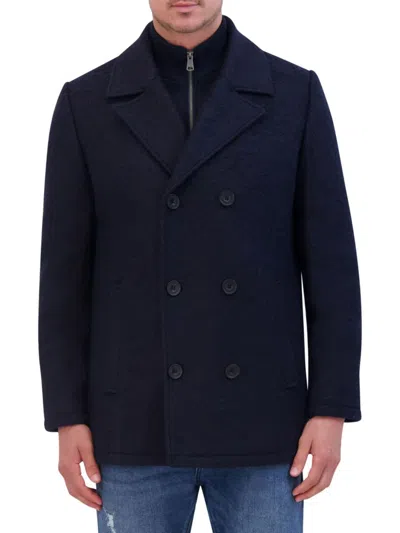 Kenneth Cole Men's Double Breasted Wool Blend Peacoat In Blue