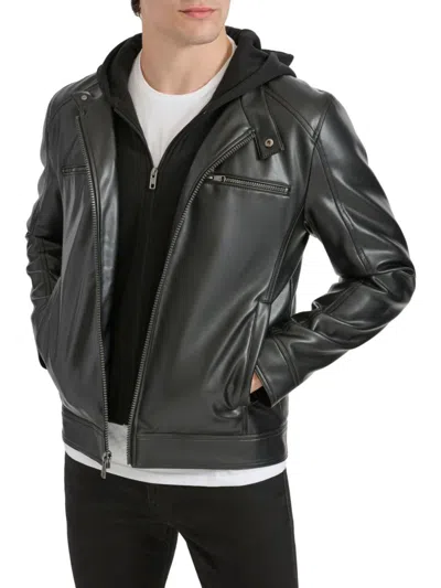 Kenneth Cole Men's Faux Leather Hooded Moto Jacket In Black