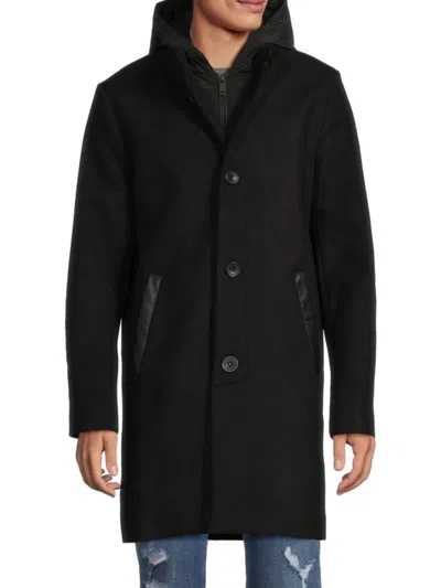 Kenneth Cole Men's Melton Walker Mixed Media Hooded Bib Overcoat In Black