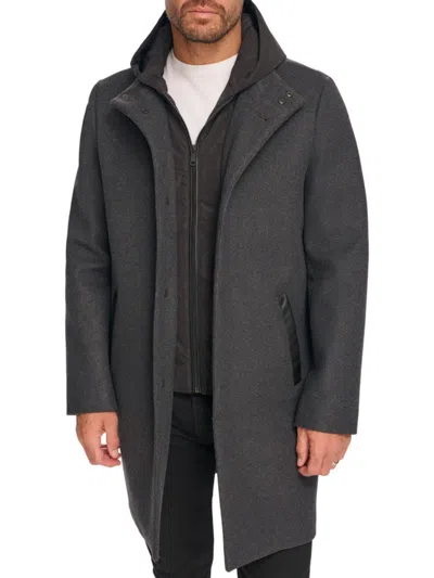 Kenneth Cole Men's Melton Walker Mixed Media Hooded Bib Overcoat In Charcoal