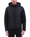 Kenneth Cole Men's Mixed-media Hooded Soft Shell Bomber Jacket In Black