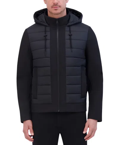 Kenneth Cole Men's Mixed-media Hooded Soft Shell Bomber Jacket In Black