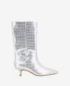 Kenneth Cole Meryl Pointed Toe Kitten Heel Boot In Silver Croco