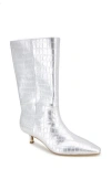 Kenneth Cole Meryl Pointed Toe Kitten Heel Boot In Silver Croco