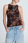 Kenneth Cole Printed Mesh Side Tied Tank Top In Burgundy
