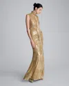 Kenneth Cole Metallic Foil Mesh Pleated Bodice Maxi Dress In Gold